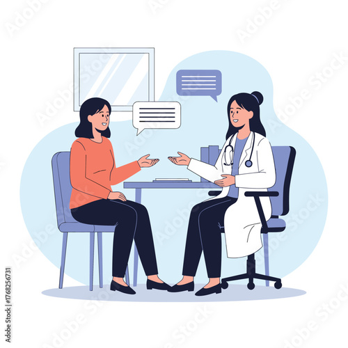 A female patient consults with her doctor in a professional office setting, discussing health concerns and receiving medical advice.