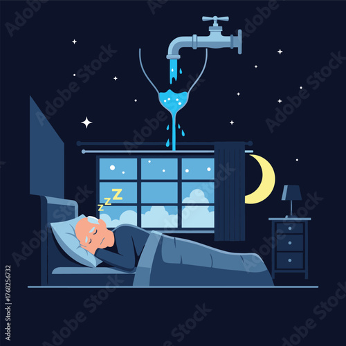 An elderly man peacefully sleeps at night, as a surreal faucet fills an hourglass with water, symbolizing the quiet passage of time and deep rest.