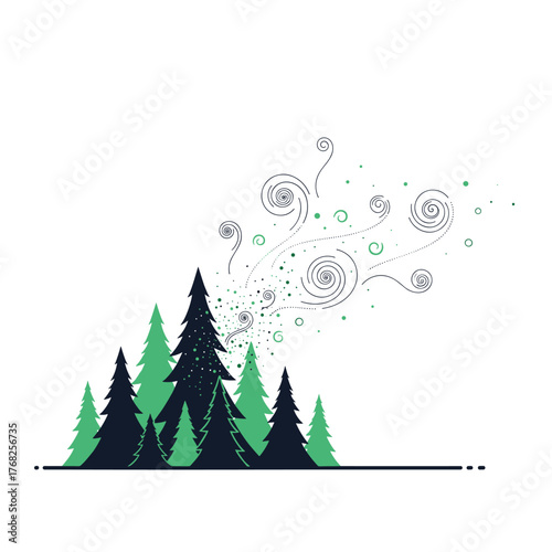 Stylized illustration of a pine forest with gusting wind creating swirling patterns and scattered dust in dark and light green colors.