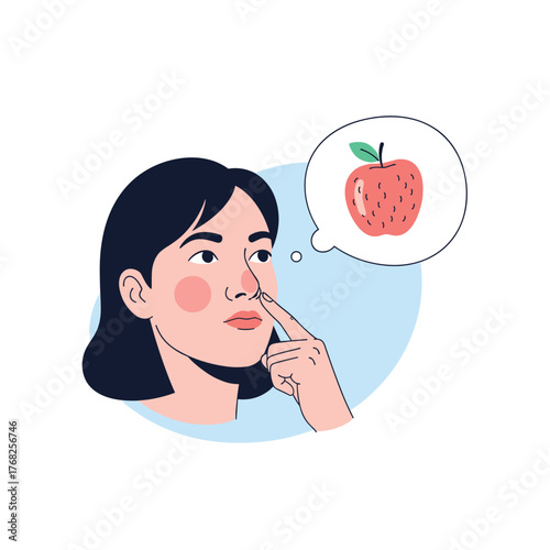 A thoughtful young woman touches her nose, contemplating the distinct smell and taste of a fresh, ripe apple.