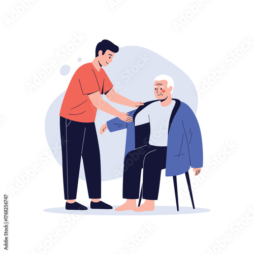 A caring young person lovingly assists an elderly individual with dressing, demonstrating compassion and dedicated support.