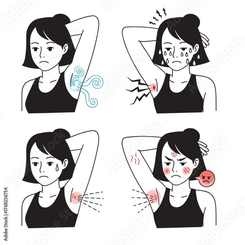 A woman depicts common armpit discomforts such as body odor, pain, sweating, and skin irritation.