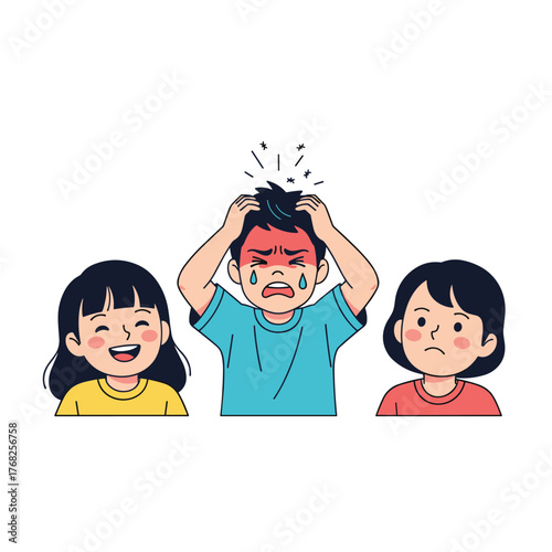 A distressed boy cries and holds his head in frustration, flanked by a joyfully laughing girl and another girl expressing concern.