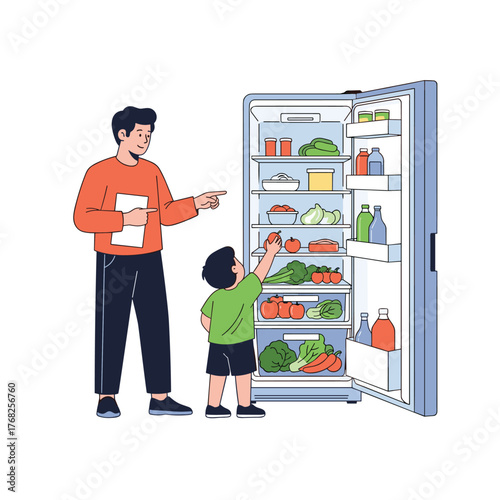 A father and son pick fresh fruits and vegetables from an open, well-stocked refrigerator, learning about healthy food choices.