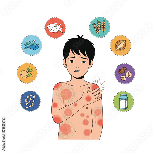 A worried person experiences an allergic reaction with skin rashes and hives, surrounded by common food allergens like fish, nuts, wheat, and dairy.
