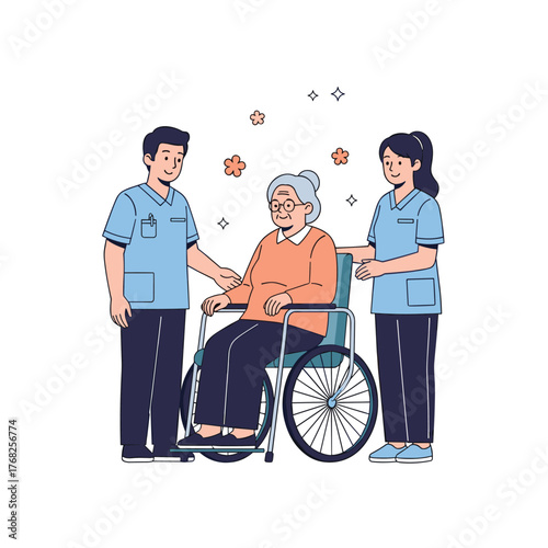 Two friendly caregivers, a man and a woman, gently assist an elderly woman in a wheelchair, symbolizing attentive senior care and support.