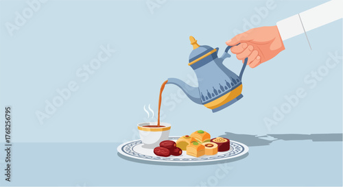Hand pours traditional arabic coffee into a cup with dates and sweets on a decorative plate, showcasing hospitality and cultural richness.