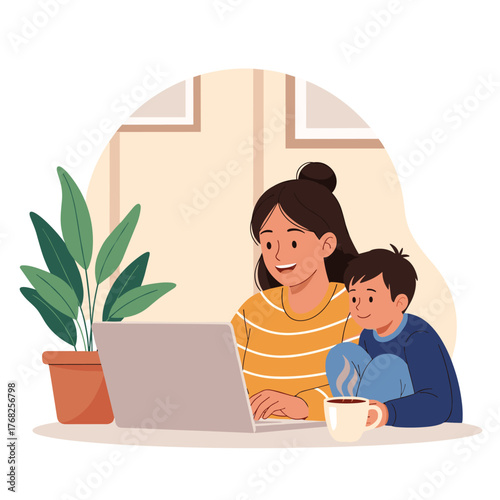 Smiling mother and son use a laptop together at home, symbolizing modern work-life balance and family togetherness.