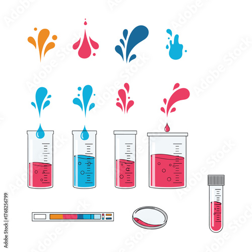 Vibrant vector graphics illustrating scientific concepts with laboratory glassware, liquid measurements, and dynamic splashes on a white background.
