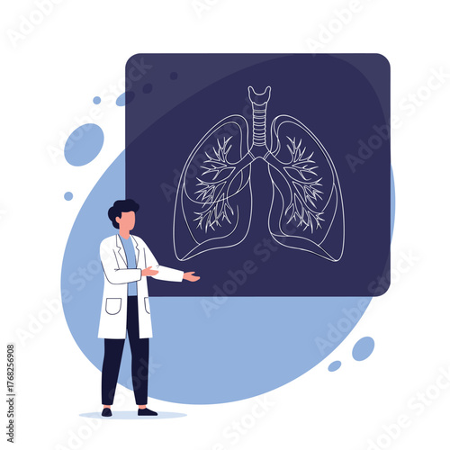 A male doctor in a lab coat explains the human respiratory system, pointing to a diagram of the lungs on a large screen.