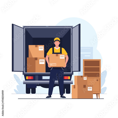 A cheerful delivery person in work uniform carrying a package while standing by an open moving truck filled with boxes.