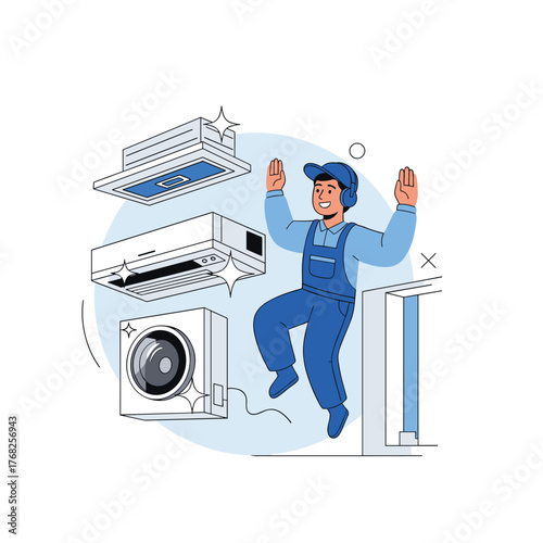 A joyful male technician in blue uniform celebrates successful maintenance and cleaning services for various home appliances.