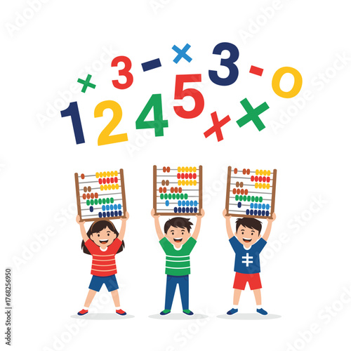 Children joyfully learn mathematics with abacus, surrounded by colorful numbers and arithmetic symbols, illustrating early education and numeracy skills.