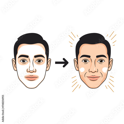 Man's face illustration demonstrating skincare before and after, showing a face mask application leading to a healthy, glowing, and radiant complexion.