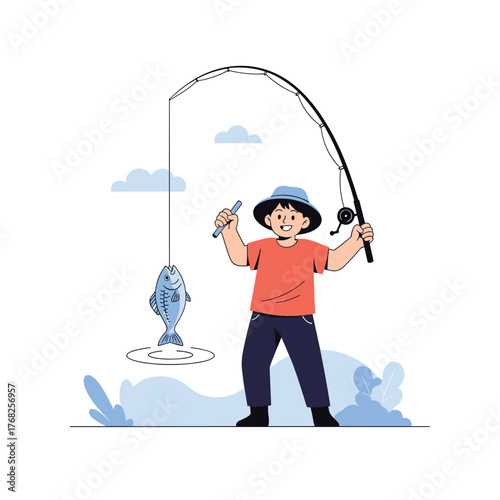 A cheerful young boy wearing a hat proudly holds a fishing rod with a freshly caught fish dangling from the line, enjoying a successful day outdoors.