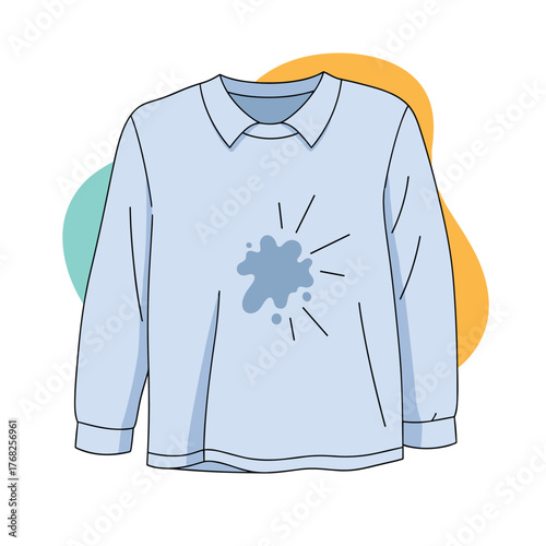 A light blue long-sleeved collared shirt with a dark messy splat stain on the front, indicating a laundry problem.