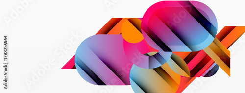 Abstract shapes overlap, creating vibrant color gradients. Composition feels dynamic, modern, visually interesting. Smooth transitions dominate design.