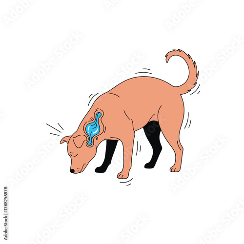 A stylized dog with a unique blue liquid-filled sensory organ on its shoulder sniffs the ground, indicating active scent detection.