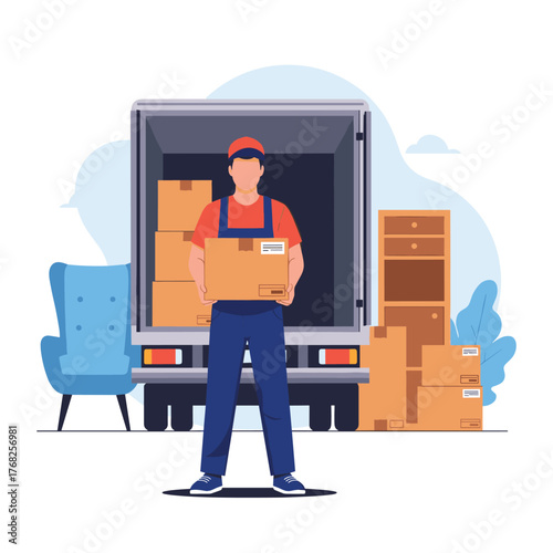 A male mover stands in front of a partially loaded moving truck, holding a cardboard box, with furniture and more boxes visible.