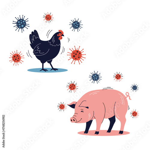 Illustration of various viruses surrounding a chicken and a pig, representing potential disease transmission and animal health concerns in livestock.
