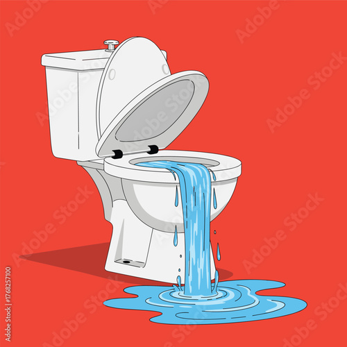 An overflowing white toilet gushes water onto a bright red floor, symbolizing a plumbing emergency or flood disaster.