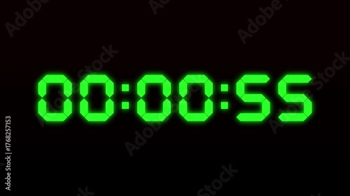 digital timer countdown one minute green clock suitable for displaying time, deadlines, or progress in videos and presentations.