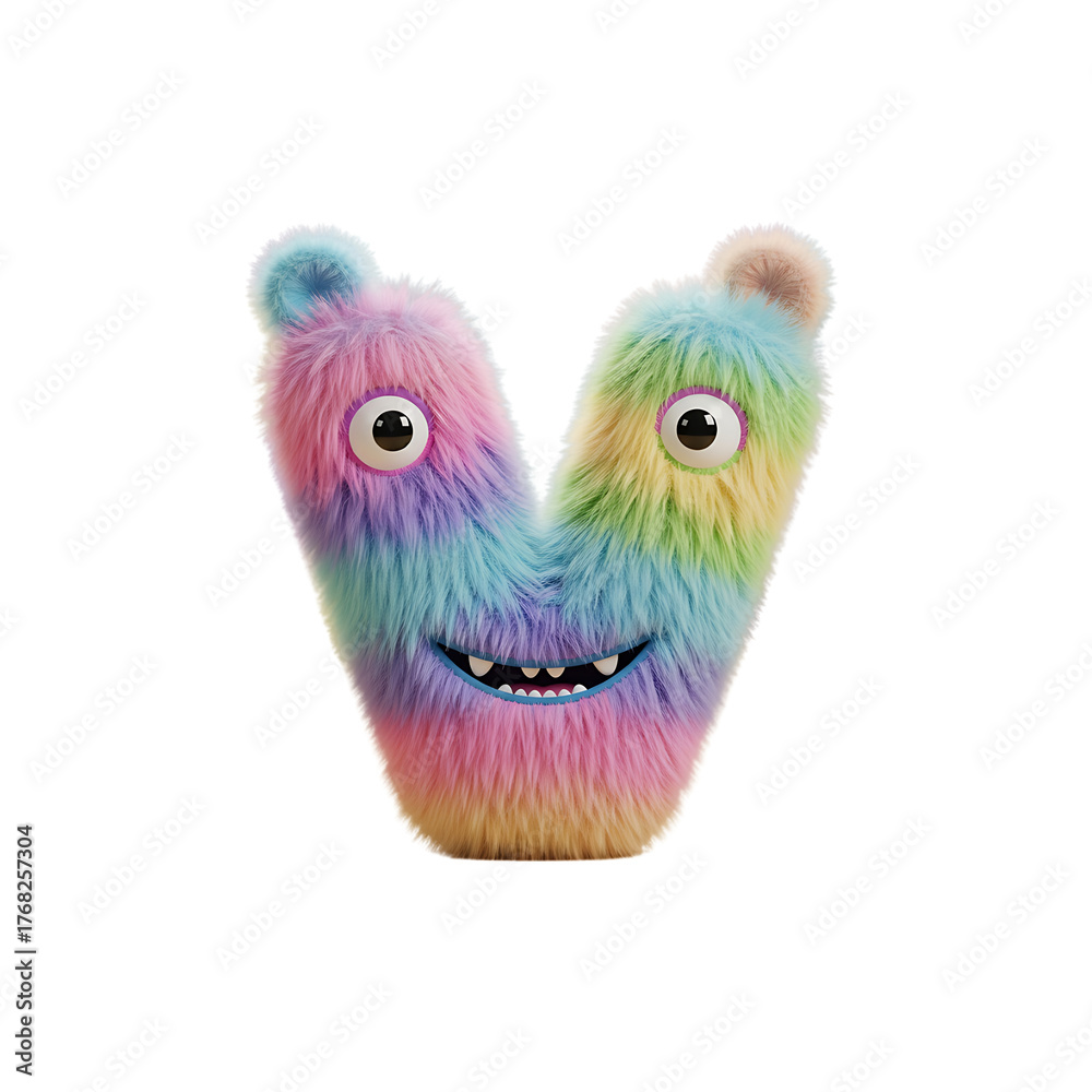 Fototapeta premium A fluffy, colorful, rainbow-striped monster character shaped like the letter V, with big eyes and a smiling mouth, on a white background.