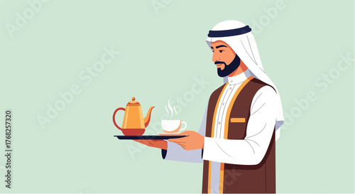 Arabian man in traditional clothing serving tea on a tray in a minimalist setting, showcasing hospitality and cultural traditions with a serene mood.