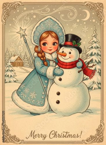 Whimsical Christmas card featuring a girl and a snowman, embodying holiday cheer and nostalgia 