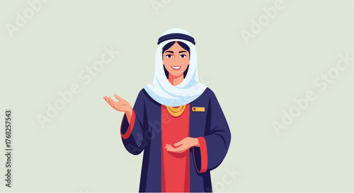 Smiling arab woman in traditional dress gesturing with open hands against a light background, presenting or welcoming with a warm and friendly expression.