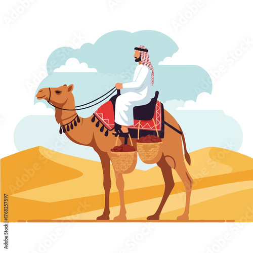 Man riding camel through desert landscape carrying dates in baskets, showcasing traditional middle eastern culture and nomadic lifestyle.