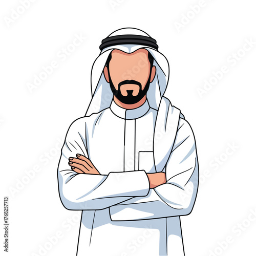 Confident arab man standing with arms crossed wearing traditional white thobe and ghutra against a white backdrop, symbolizing tradition and modern professionalism.