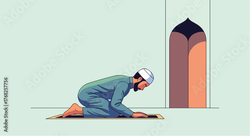 Muslim man praying inside mosque with traditional clothing and beard showing devotion and spirituality in a serene setting.