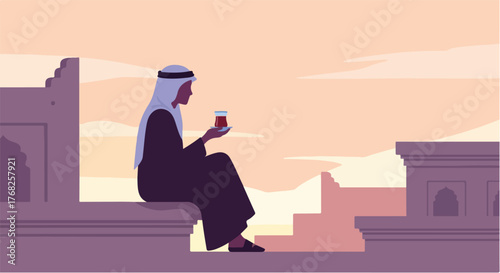 Arab man in traditional clothing contemplates while holding a cup of tea on a rooftop at sunset, creating a serene and peaceful scene.