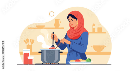 Muslim woman in hijab stirring a pot on the stove in her kitchen, preparing a delicious meal with love and care, creating a warm and inviting atmosphere.