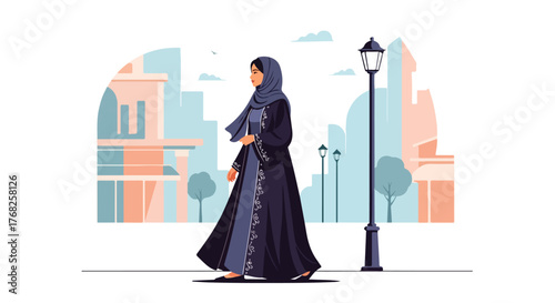 Muslim woman in traditional abaya walking gracefully along city street with modern buildings and vintage lamppost, creating a serene urban scene.