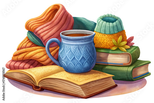 Cozy still life of warm tea mug, knitted sweater, and open book isolated on white background representing peaceful winter relaxation.