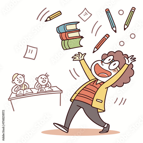 Overwhelmed student juggling books pencils and papers in chaotic classroom scene isolated on transparent background