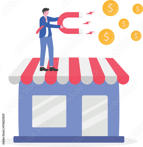 Businessman holding coin beside store illustration of take profit in retail business
