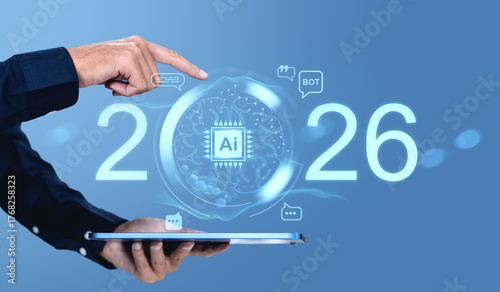 Futuristic AI technology concept for 2026 with digital interface and human interaction on blue background using online communication elements.