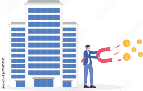 Businessman holding coin beside company building illustration of take profit in big capital business
