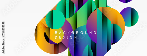 Abstract colorful shapes overlap, creating dynamic visual texture. Bright gradients suggest modern design elements. Background features text.
