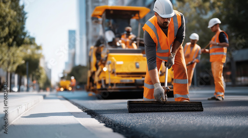 A diverse team of road workers applying fresh white lane markings on a city carriageway using specialized road marking machinery, symbolizing infrastructure development, teamwork, safety, and the