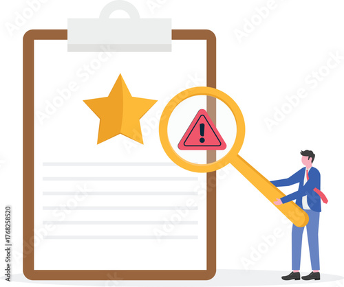 Businessman examining document with star list using magnifying glass marked with attention illustration
