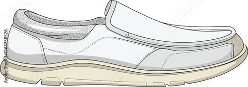 Casual slip-on shoe illustration, rounded toe, padded collar, cushioned sole, stitching detail, vector drawing, footwear design, fashion mockup