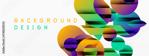 Abstract colorful shapes overlap white space. Modern design elements create dynamic visual texture. Bright gradients suggest movement.