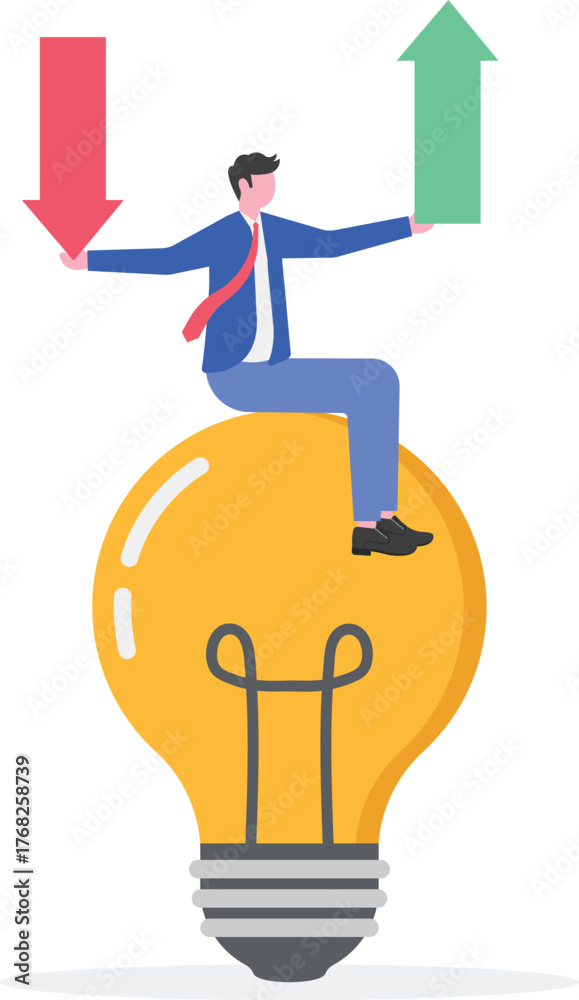 Obraz premium Two Businessmen Holding Opposite Arrows with Light Bulb Illustration of Idea Sharing 