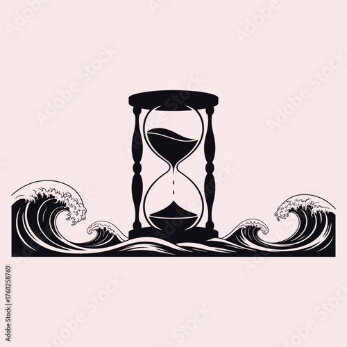 Black hourglass with sand falling surrounded by stylized dark blue ocean waves on a light pink background