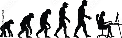 Human evolution, primate to modern man, technology lifestyle, sitting at desk, computer work, digital age, sedentary habits, progress illustration, concept art