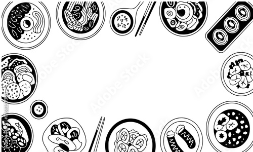 "Hand-Drawn Korean Food Frame Vector Illustration – Top View Bibimbap, Tteokbokki, Kimbap, Kimchi, Odeng, Corn Dog, Nakji Bokkeum – Scalable Silhouette Style"